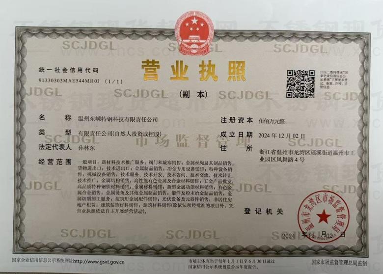 溫州東嵊特鋼科技有限責任公司營業(yè)執(zhí)照