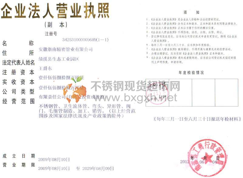 安徽浙南精密管業(yè)有限公司營(yíng)業(yè)執(zhí)照